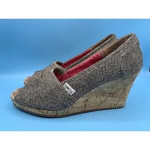 TOMS Peep Toe Canvas Cork Wedges Casual Comfort Shoes Sandals Women's Size 8